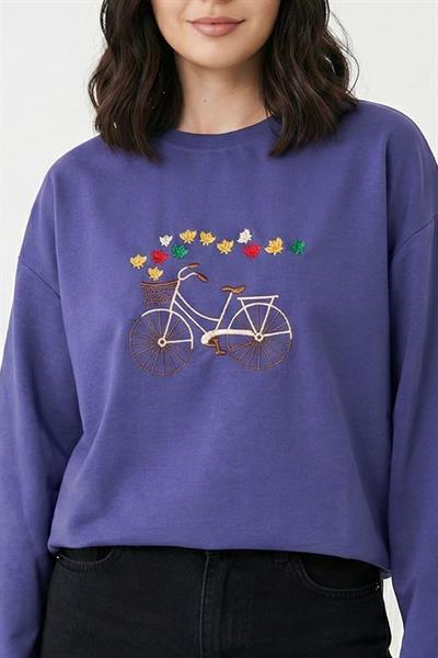 Bisiklet Desen Nakışlı Oversize Mor Sweat