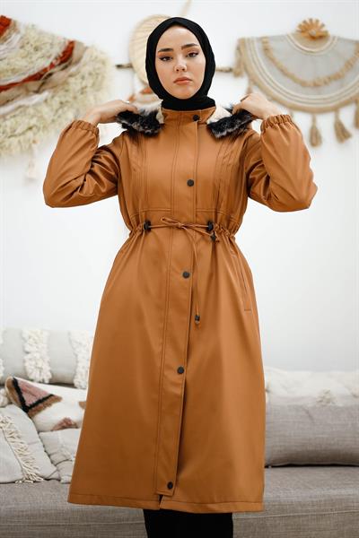 Biye Detay Beli Büzgülü 0021 Kaban - Kahverengi