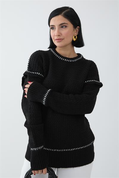 Biye Detay Şardonlu Kazak Siyah