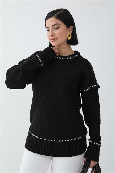 Biye Detay Şardonlu Kazak Siyah