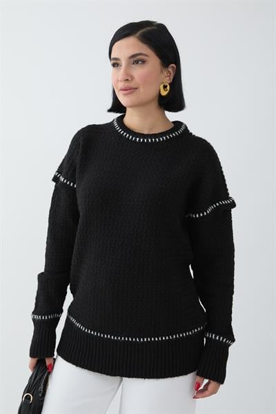 Biye Detay Şardonlu Kazak Siyah