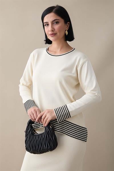 Biye Şeritli Etekli Ekru Takım