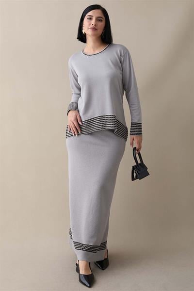 Biye Şeritli Etekli Gri Takım