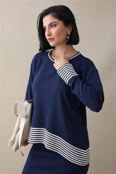 Biye Şeritli Etekli Lacivert Takım