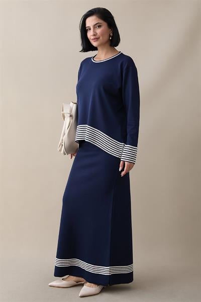 Biye Şeritli Etekli Lacivert Takım
