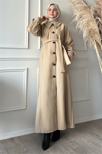 Blair Yakalı Kuşaklı Kaşe Kaban - Bej