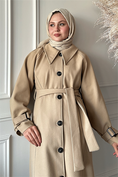 Blair Yakalı Kuşaklı Kaşe Kaban - Bej