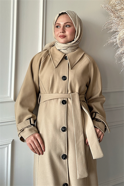 Blair Yakalı Kuşaklı Kaşe Kaban - Bej