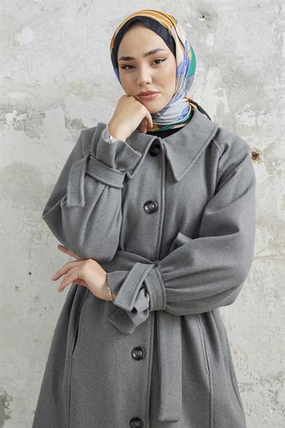 Blair Yakalı Kuşaklı Kaşe Kaban - Gri