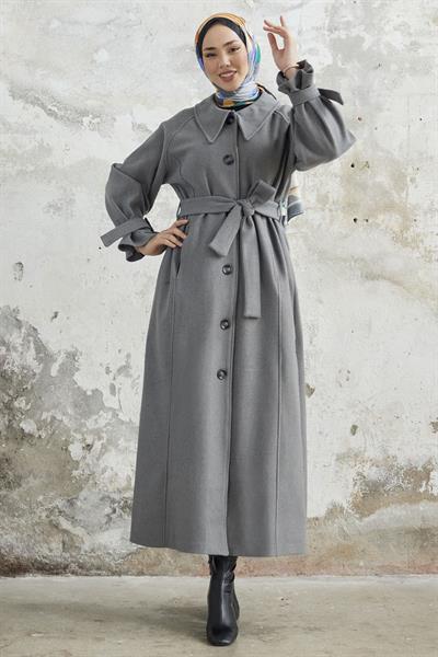 Blair Yakalı Kuşaklı Kaşe Kaban - Gri