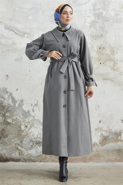 Blair Yakalı Kuşaklı Kaşe Kaban - Gri