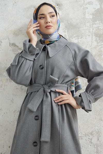 Blair Yakalı Kuşaklı Kaşe Kaban - Gri