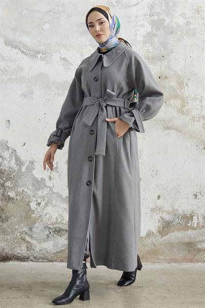 Blair Yakalı Kuşaklı Kaşe Kaban - Gri