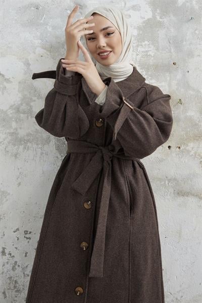 Blair Yakalı Kuşaklı Kaşe Kaban - Kahve