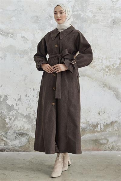 Blair Yakalı Kuşaklı Kaşe Kaban - Kahve