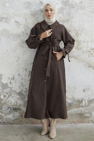 Blair Yakalı Kuşaklı Kaşe Kaban - Kahve