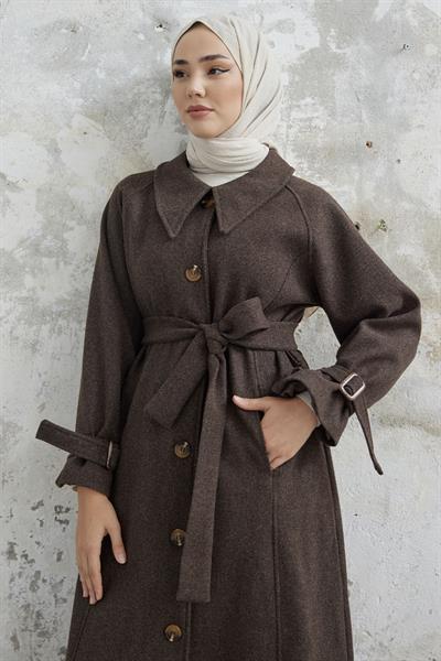 Blair Yakalı Kuşaklı Kaşe Kaban - Kahve