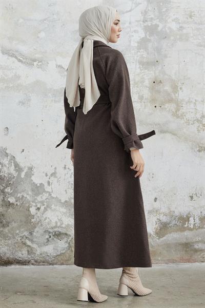 Blair Yakalı Kuşaklı Kaşe Kaban - Kahve