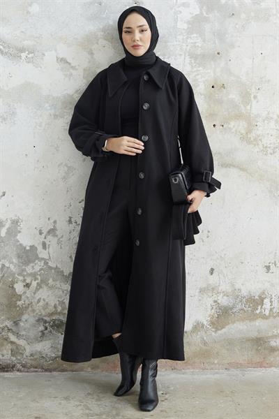 Blair Yakalı Kuşaklı Kaşe Kaban - Siyah