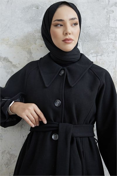 Blair Yakalı Kuşaklı Kaşe Kaban - Siyah