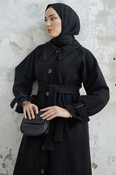 Blair Yakalı Kuşaklı Kaşe Kaban - Siyah