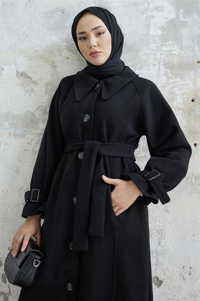 Blair Yakalı Kuşaklı Kaşe Kaban - Siyah