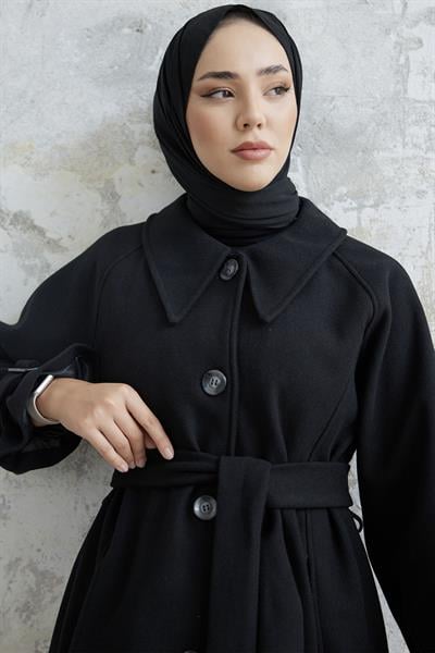 Blair Yakalı Kuşaklı Kaşe Kaban - Siyah