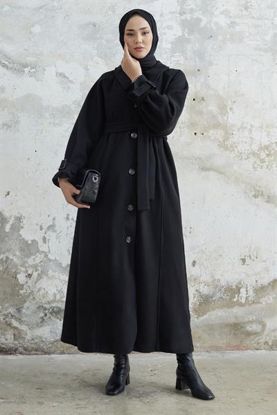 Blair Yakalı Kuşaklı Kaşe Kaban - Siyah