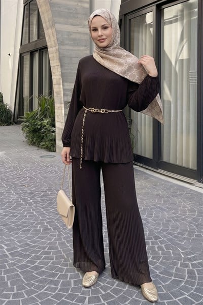 Bol Pantolonlu Piliseli Şifon Acı Kahve Takım