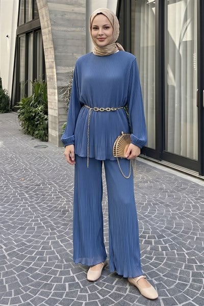Bol Pantolonlu Piliseli Şifon İndigo Takım