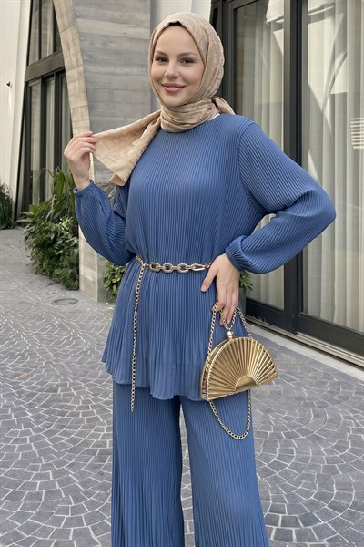 Bol Pantolonlu Piliseli Şifon İndigo Takım