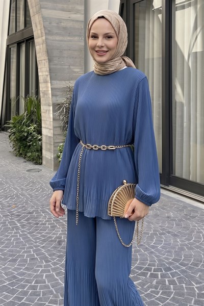 Bol Pantolonlu Piliseli Şifon İndigo Takım