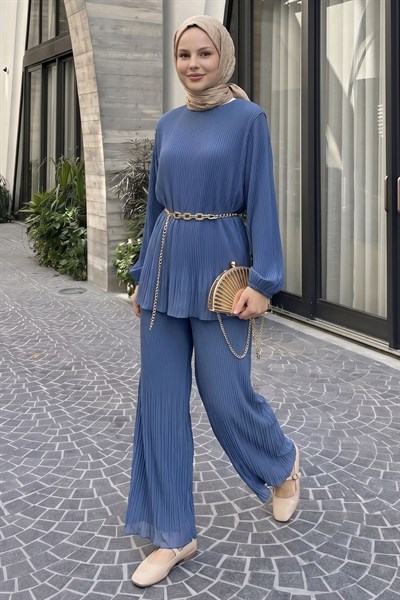 Bol Pantolonlu Piliseli Şifon İndigo Takım