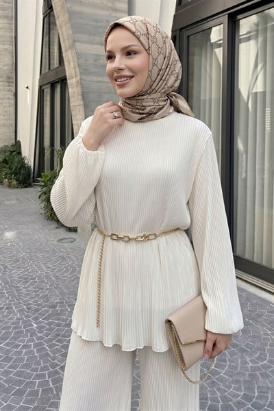 Bol Pantolonlu Piliseli Şifon Krem Takım