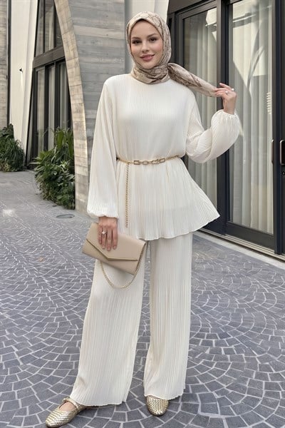 Bol Pantolonlu Piliseli Şifon Krem Takım