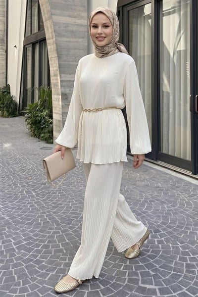 Bol Pantolonlu Piliseli Şifon Krem Takım