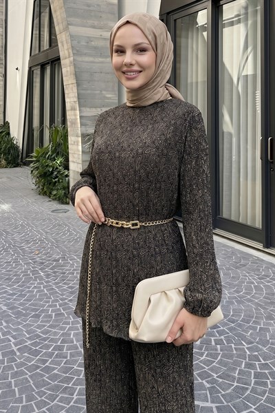 Bol Pantolonlu Şal Desen Piliseli Şifon Antrasit Takım