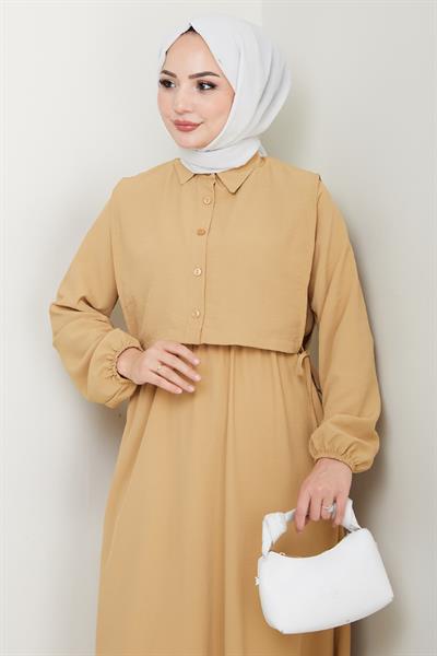 Bolerolu Bağlamalı Camel Elbise