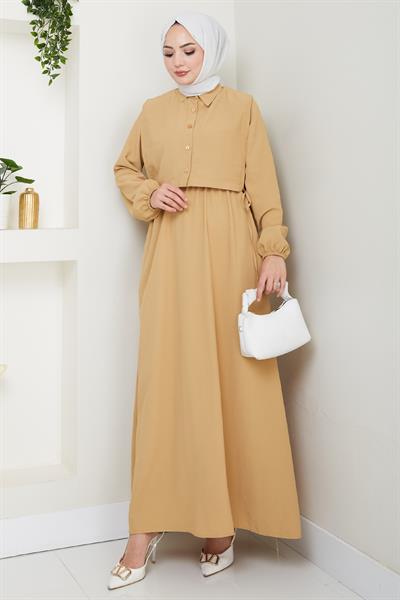 Bolerolu Bağlamalı Camel Elbise