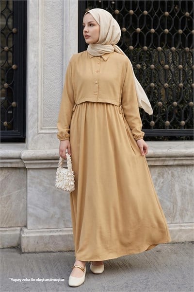 Bolerolu Bağlamalı Camel Elbise