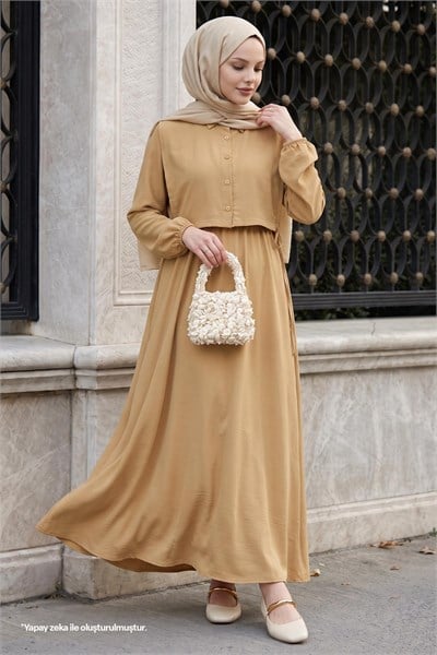 Bolerolu Bağlamalı Camel Elbise