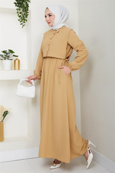 Bolerolu Bağlamalı Camel Elbise
