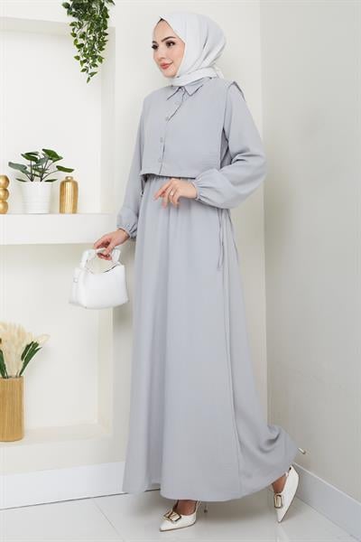 Bolerolu Bağlamalı Gri Elbise