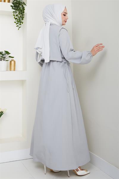 Bolerolu Bağlamalı Gri Elbise