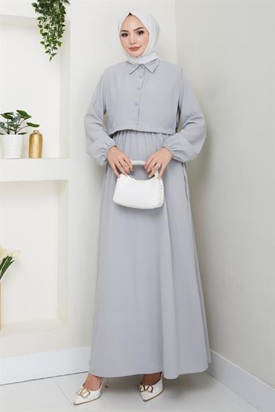 Bolerolu Bağlamalı Gri Elbise