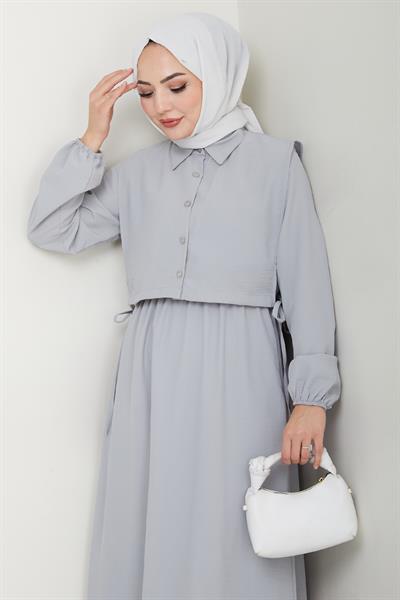 Bolerolu Bağlamalı Gri Elbise