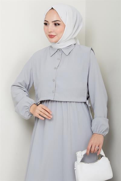 Bolerolu Bağlamalı Gri Elbise