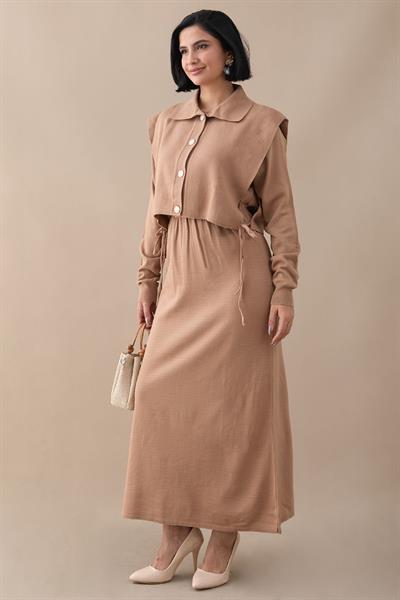 Bolerolu Elbiseli Camel Takım
