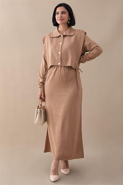 Bolerolu Elbiseli Camel Takım