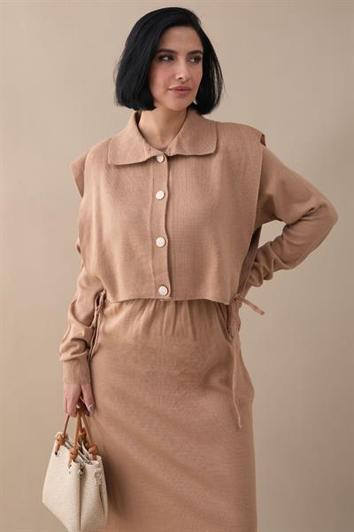 Bolerolu Elbiseli Camel Takım